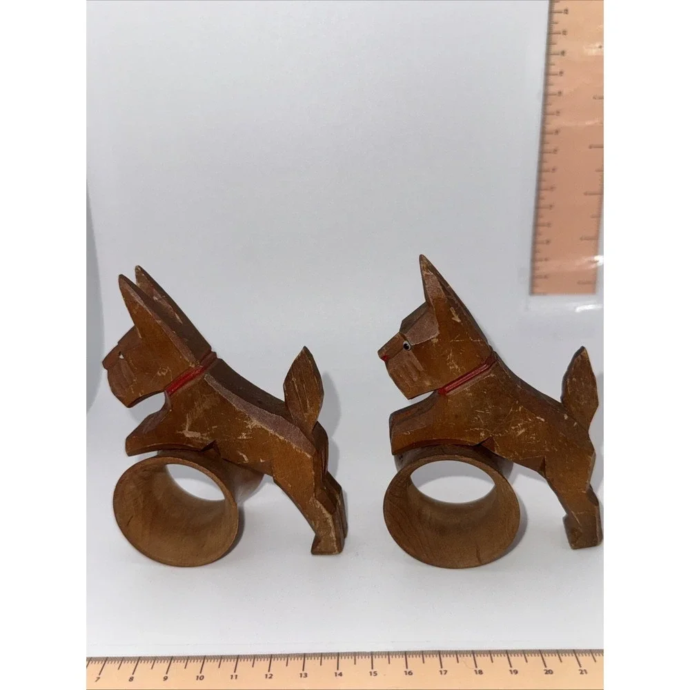 Vintage Pair Of Carved Wooden Scottie Dog Napkin Rings - Made In‎ Germany